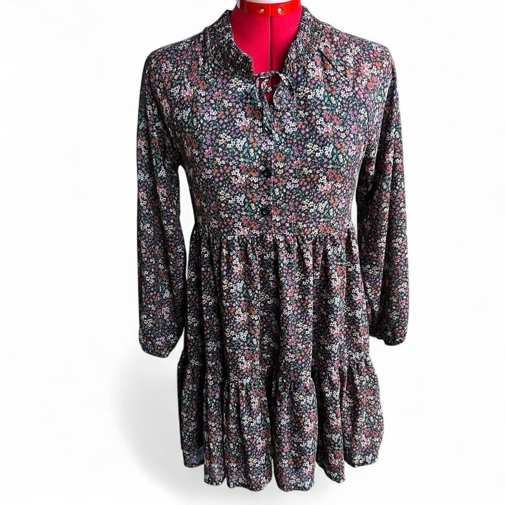 American Eagle Brown Multicolor Floral Long Sleeves Ruffle Tiered Dress size xs